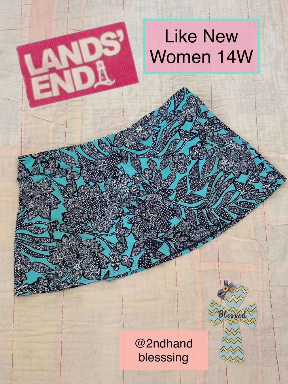 Like New Lands' End Aqua Navy Floral Swim Skirt Women 14W Tummy Control, Paisley